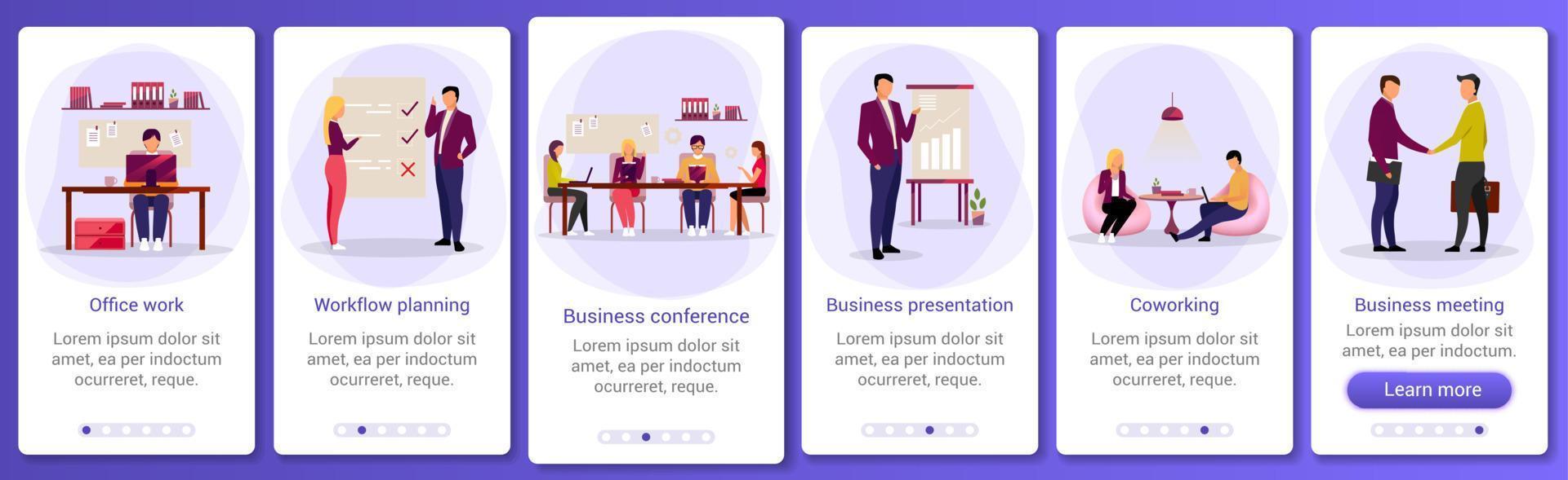 Business industry onboarding mobile app screen template. Office work, workflow, coworking. Business presentation. Walkthrough website steps with flat characters. UX, UI smartphone cartoon interface vector