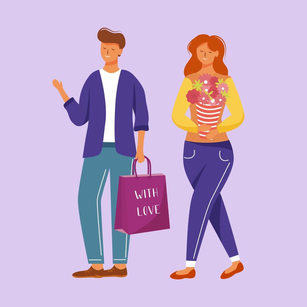 Happy man and woman with presents flat vector illustration. Joyful full body boyfriend and girlfriend. Caucasian couple going for party with gifts isolated cartoon character on violet background