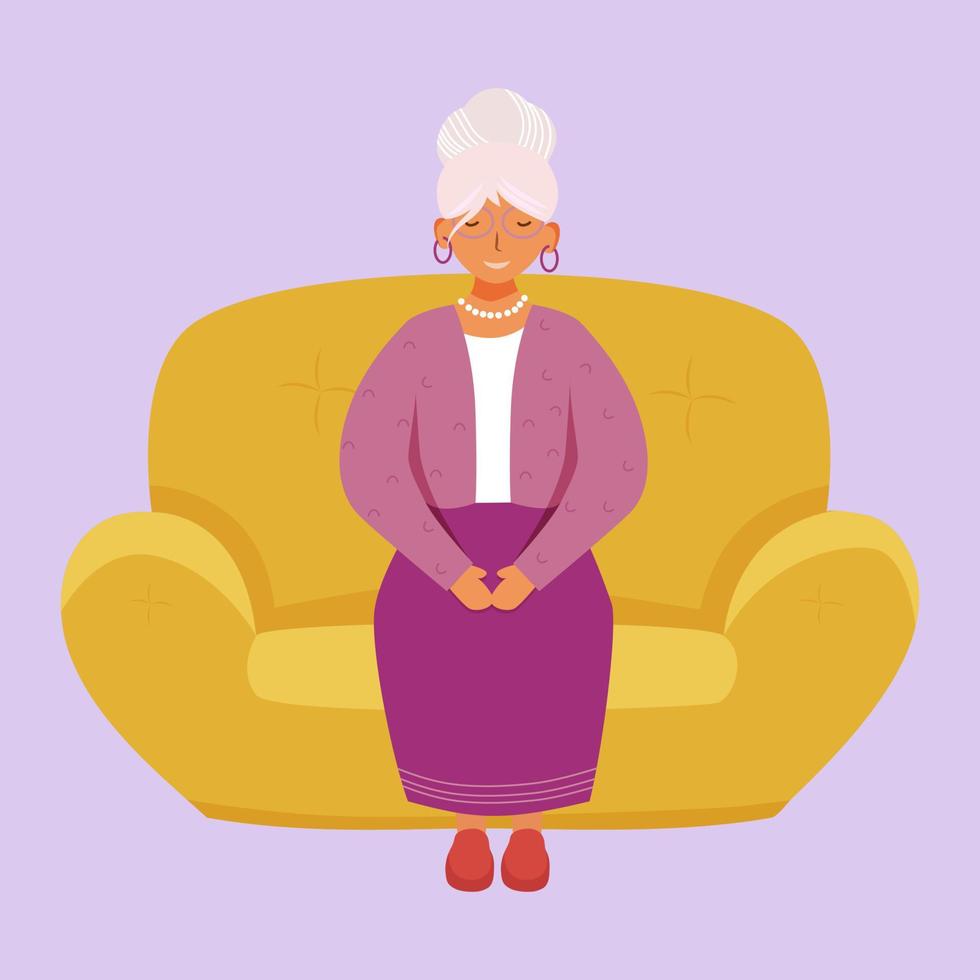 Smiling senior woman flat vector illustration. Full body cheerful grandmother waiting on couch. Happy caucasian old lady sitting on sofa isolated cartoon character on violet background