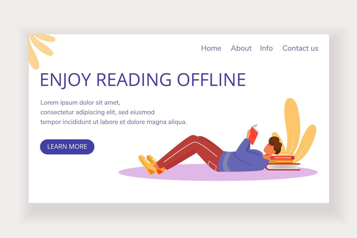 Enjoy reading offline landing page vector template. Bookstore website interface idea with flat illustrations. Keen reader homepage layout. Man with paperbook web banner, webpage cartoon concept