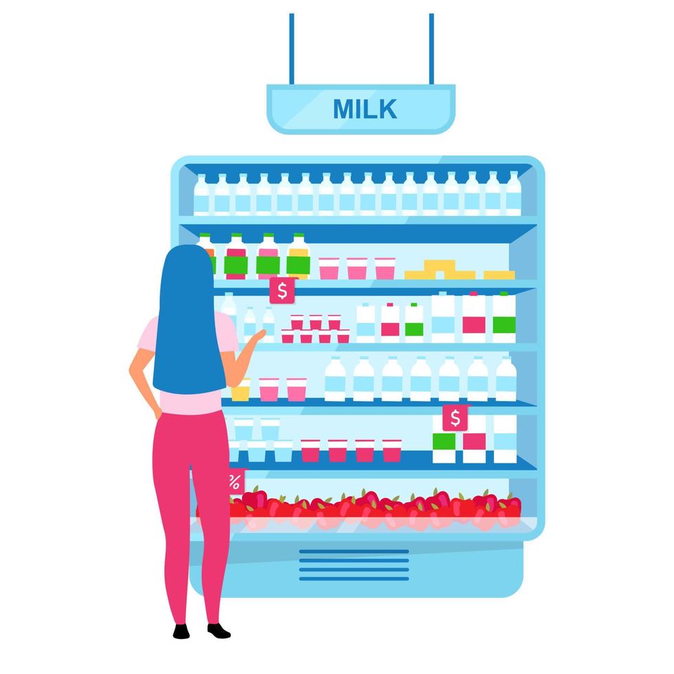 Girl choosing milk in grocery store flat vector illustration. Woman selecting dairy products in supermarket cartoon character. Shopping at farmers market. Consumerism, customer in mall doing purchases