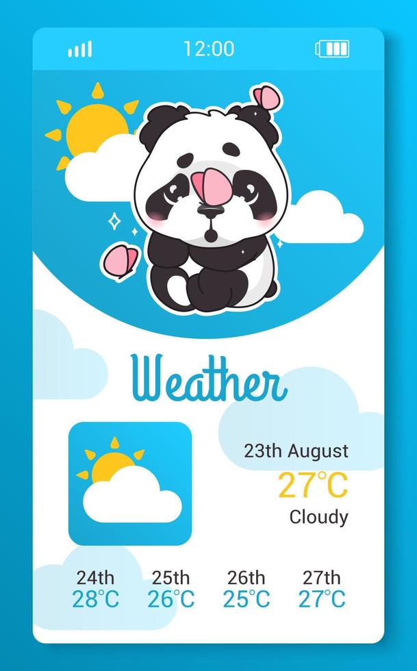 pantalla de la aplicación móvil para niños de pronóstico del tiempo con personaje de dibujos animados kawaii. clima, widget de niña de teléfono inteligente de meteorología, maqueta de aplicación. ui, página azul de interfaz ux con animal oso panda vector