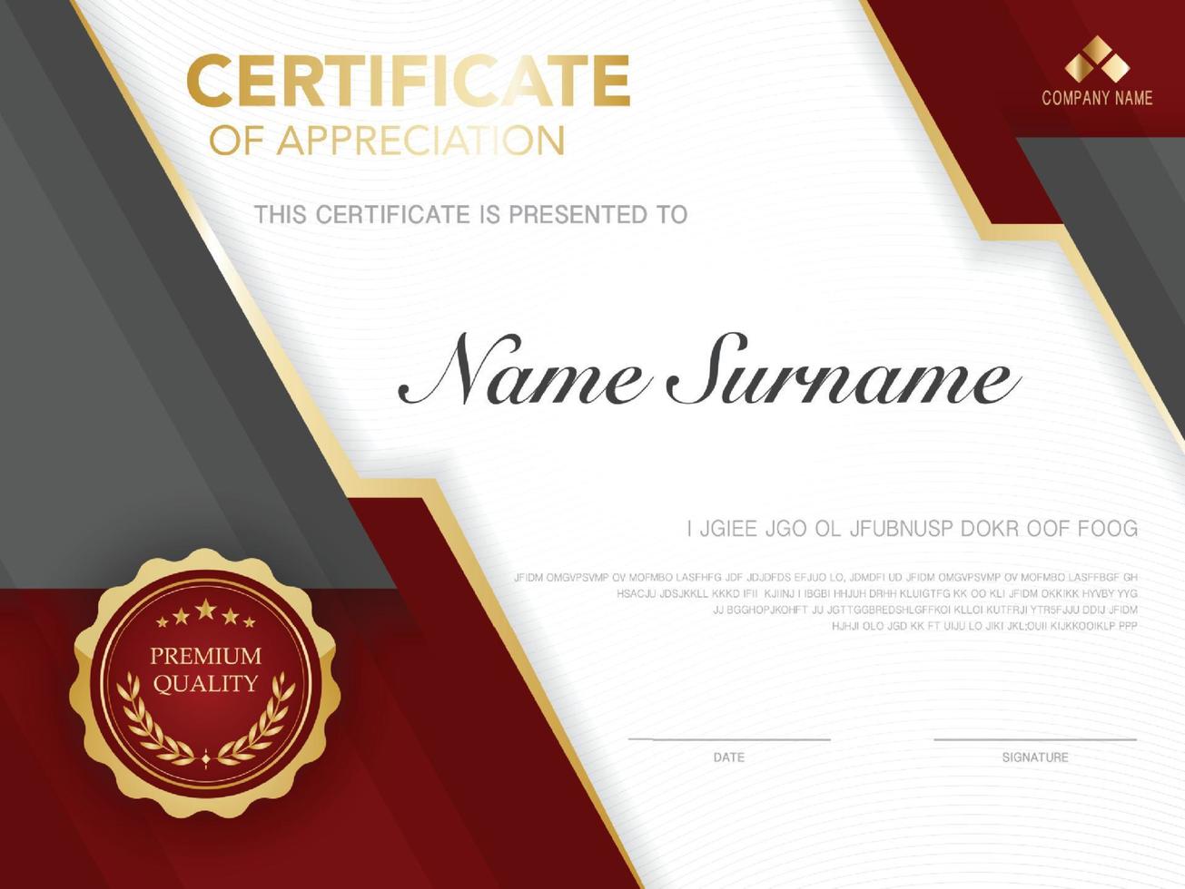 Plantilla de certificado de diploma de color rojo y dorado con imagen vectorial de lujo y estilo moderno. vector