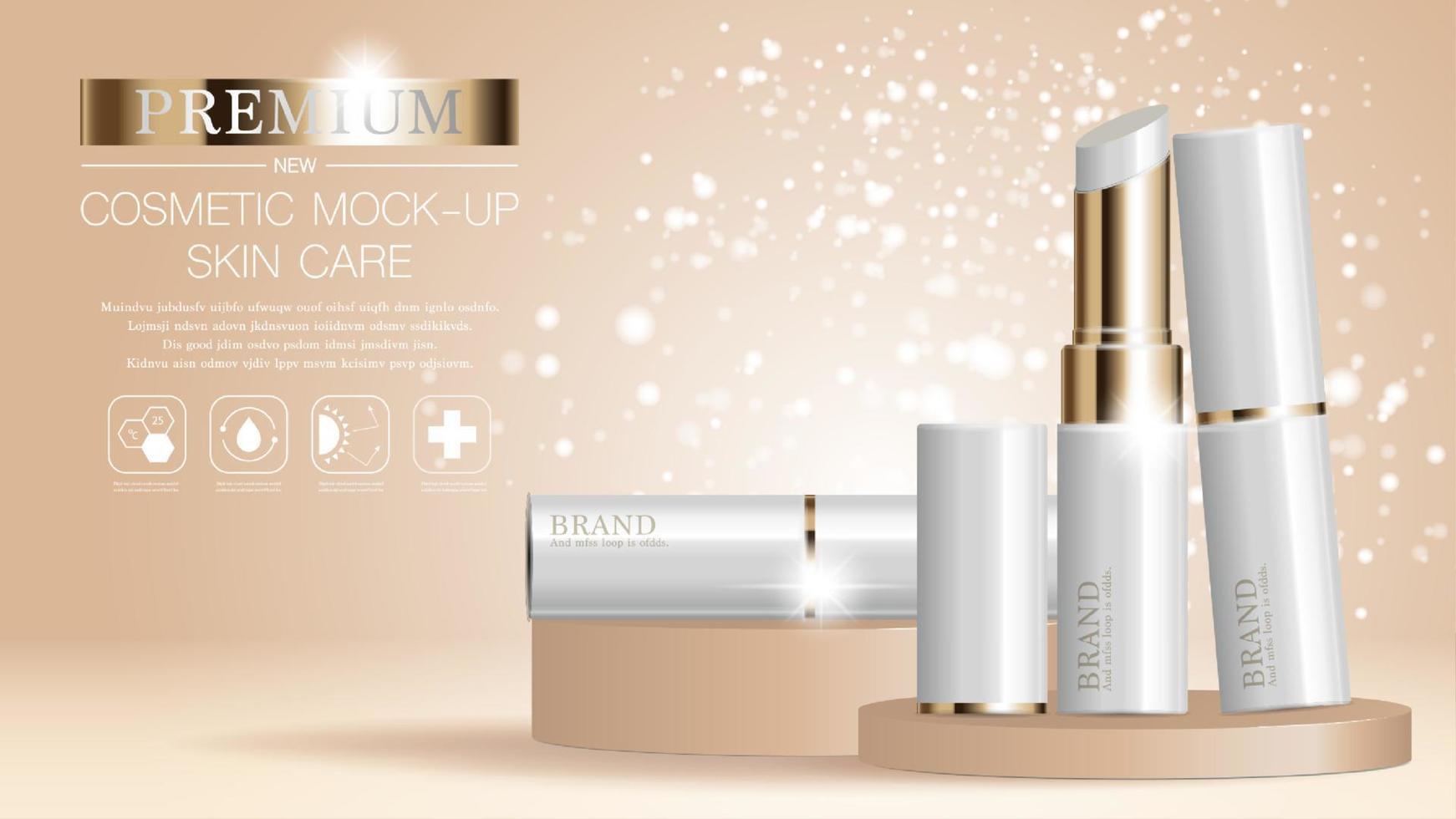 Hydrating facial lipstick for annual sale or festival sale. silver and gold lipstick mask bottle isolated on glitter particles background for product presentation. Graceful cosmetic ads. vector