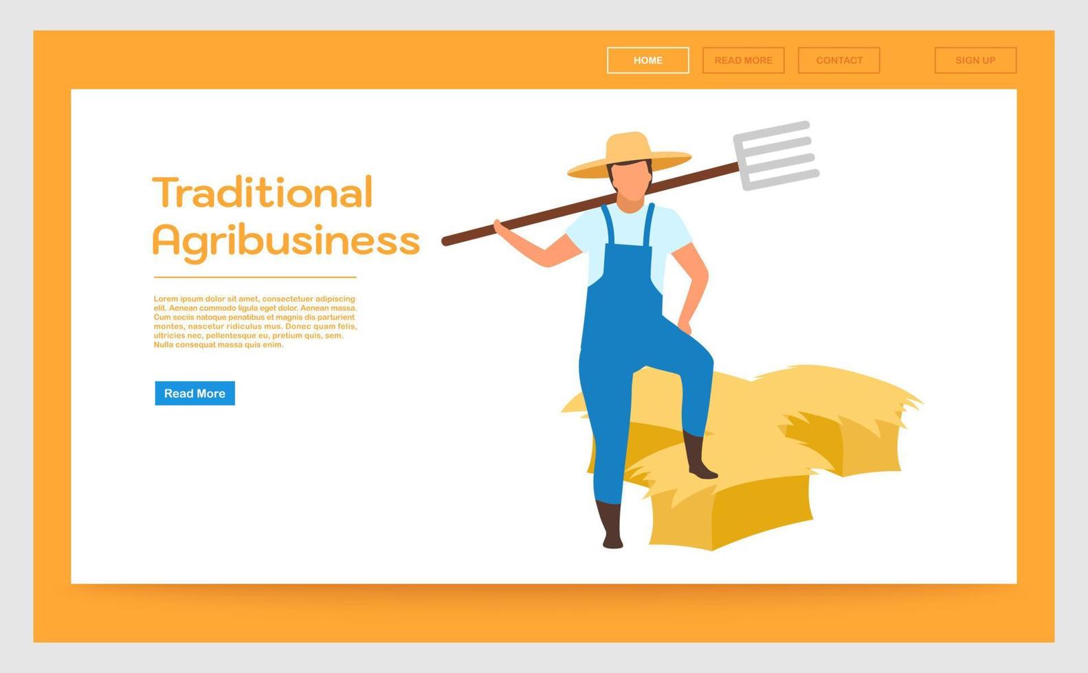 Traditional agribusiness landing page vector template. Hay harvesting website interface idea with flat illustrations. Farming and agriculture homepage layout. Web banner, webpage cartoon concept