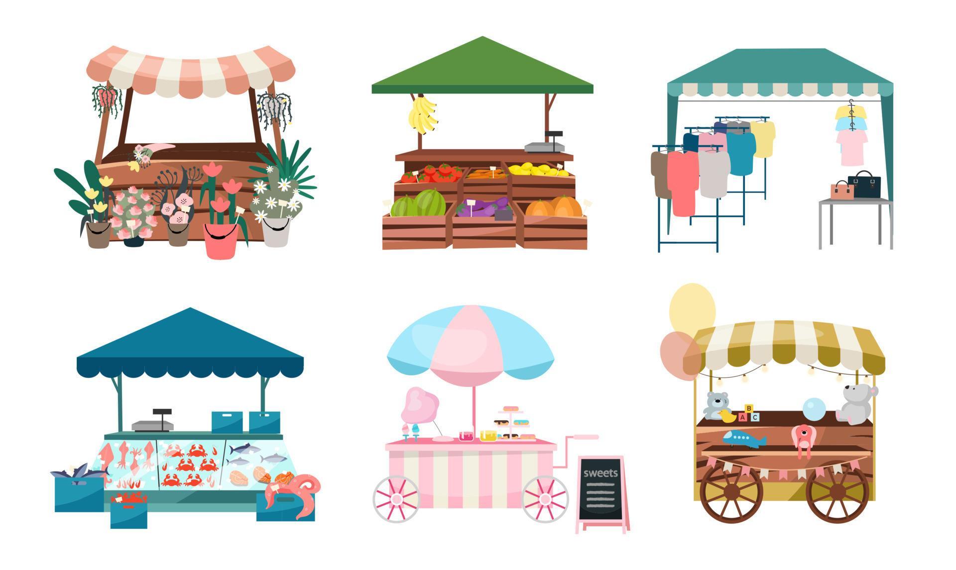 Market Stalls Flat Vector Illustrations Set Fair Funfair Trade Tents