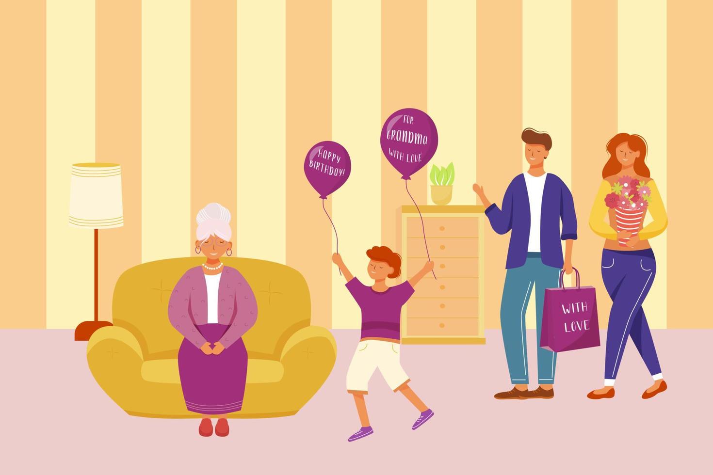 Family celebration grandma birthday flat vector illustration. Happy holiday party. For granny with love. Adult children and grandson congratulate grandmother with anniversary cartoon characters