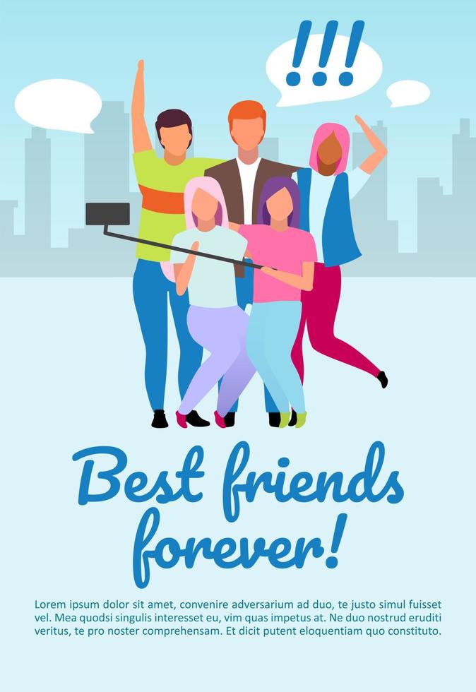 Friends pastime brochure template. Best friends forever lettering. International camp, student exchange program. Flyer, booklet, leaflet concept with flat illustration. Vector page layout for magazine