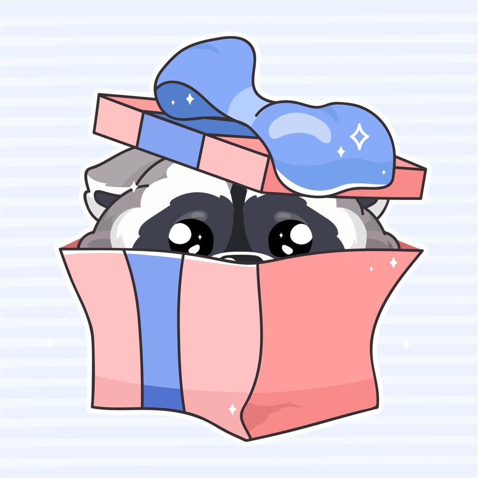 Lindo personaje de vector de dibujos animados de mapache kawaii. animal adorable y divertido en caja de regalo con arco adhesivo aislado, parche. regalo de cumpleaños del mapache del bebé del animado, emoji del saludo en fondo azul
