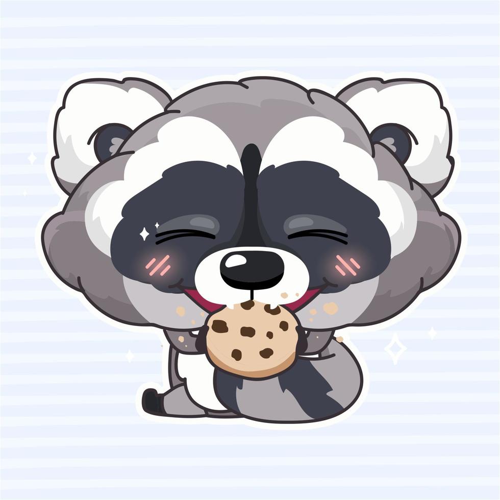 Cute raccoon kawaii cartoon character. Adorable and funny animal eating biscuits, cookies isolated sticker, patch, kids book illustration. Anime baby raccoon tasting sweets emoji on blue background vector