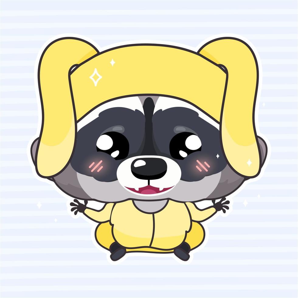 Cute raccoon kawaii cartoon vector character. Adorable and funny smiling little animal wearing hare costume isolated sticker, patch. Anime baby happy raccoon emoji on blue background