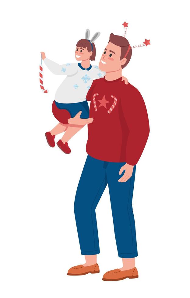 Dad with son decorate semi flat color vector characters. Posing figures. Full body people on white. Christmas isolated modern cartoon style illustration for graphic design and animation