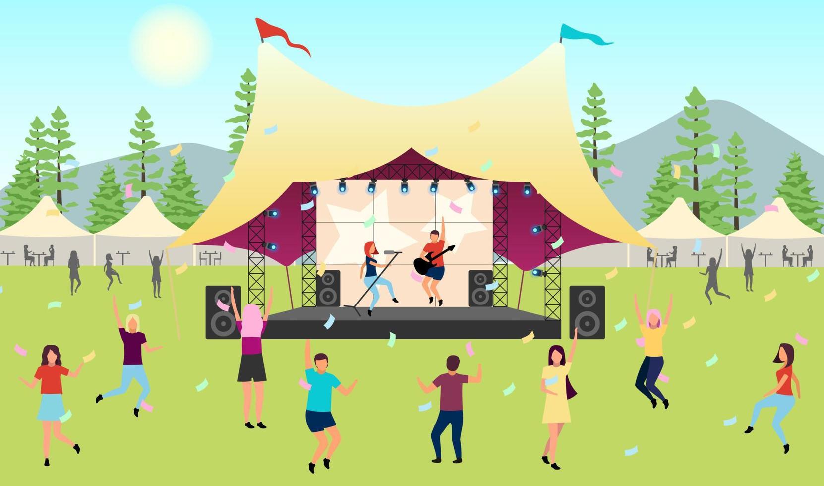 Ilustración de vector plano de festival de música de verano. Actuación en vivo al aire libre. rock, concierto de músico pop en el parque, campamento. disfrutando de la música al aire libre en verano. bailando personajes de dibujos animados