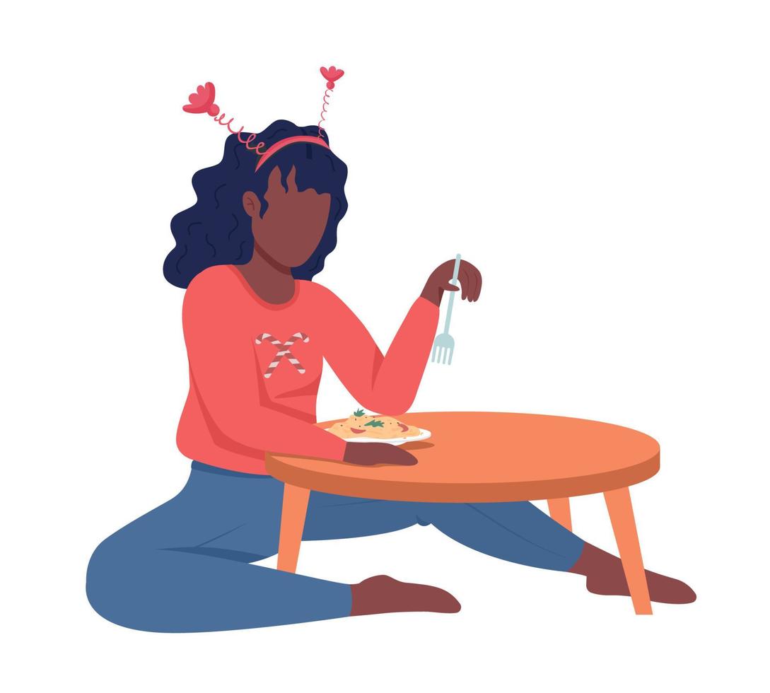 mujer comer en navidad carácter vectorial de color semi plano. figura sentada. persona de cuerpo entero en blanco. cena festiva aislada ilustración moderna de estilo de dibujos animados para diseño gráfico y animación vector