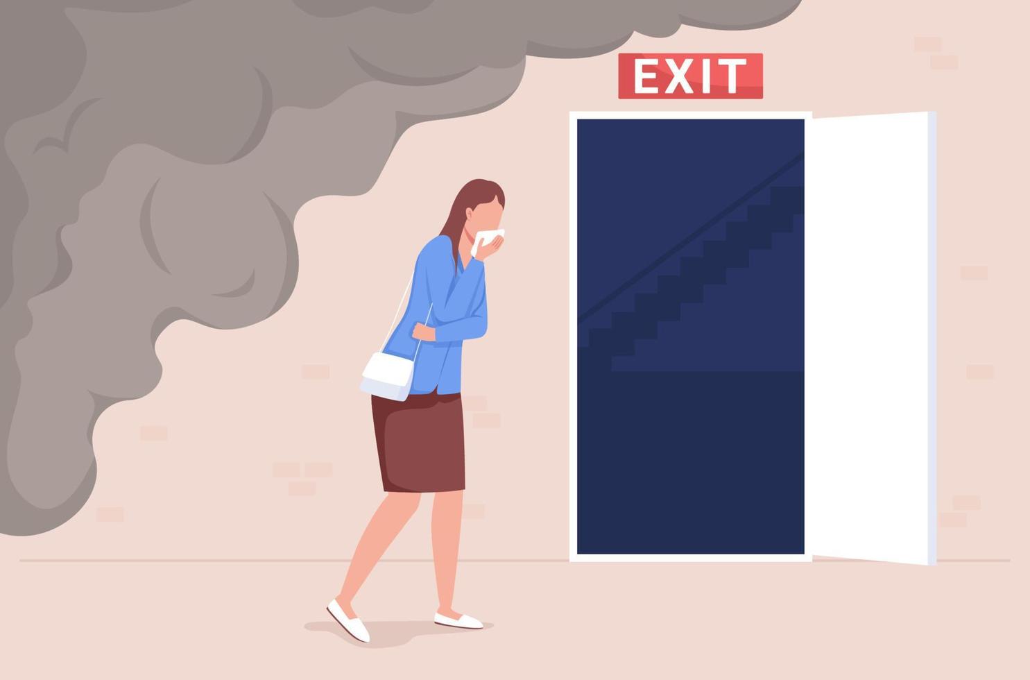 Evacuation from office fire flat color vector illustration. Office employee escape from smoke. Woman run from workplace emergency 2D cartoon character with opened entrance on background
