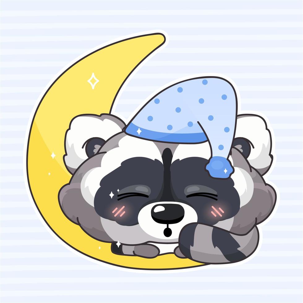 Cute raccoon kawaii cartoon vector character. Adorable and funny animal sleeping isolated sticker, patch. Night time, bedtime. Anime baby raccoon in night hat, cap with moon emoji on blue background
