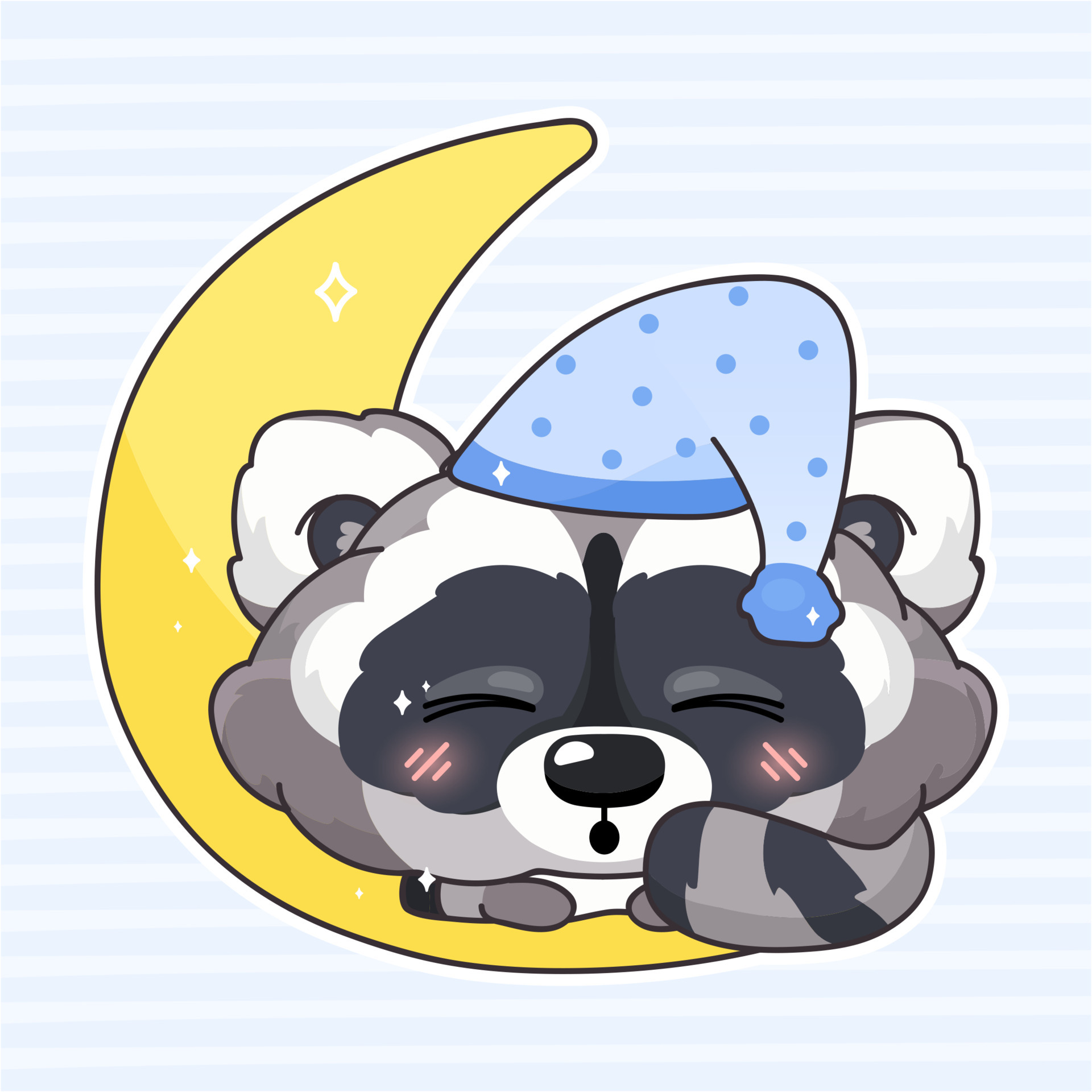 Cute raccoon kawaii cartoon vector character. Adorable and funny animal  sleeping isolated sticker, patch. Night time, bedtime. Anime baby raccoon  in night hat, cap with moon emoji on blue background 4449626 Vector