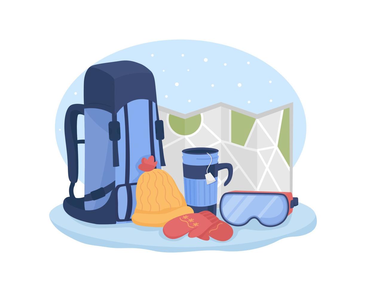 Ilustración aislada del vector 2d del engranaje de senderismo de invierno. Mochila y cosas de excursionistas. composición plana del equipo de viaje de camping sobre fondo de dibujos animados. preparación de recreación estacional colorida escena