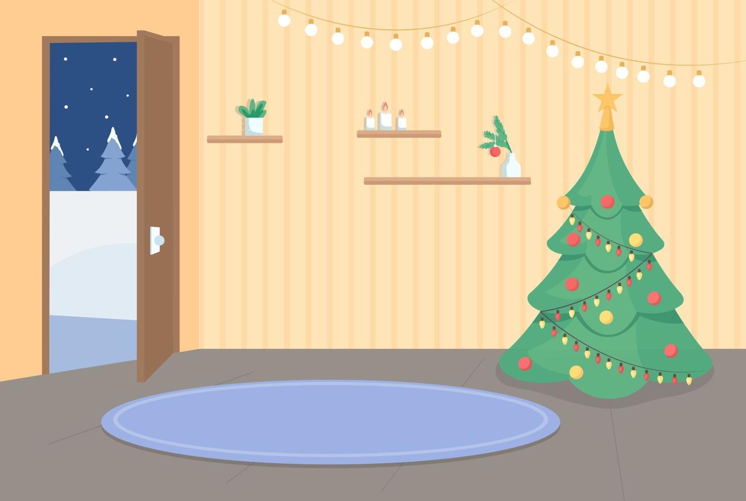 Home entrance on Christmas flat color vector illustration. Xmas tree in corner. Decorated apartment. House hallway 2D cartoon interior with opened door to winter evening on background