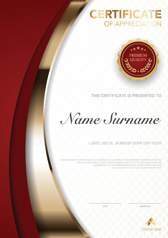 Plantilla de certificado de diploma de color rojo y dorado con imagen vectorial de lujo y estilo moderno, adecuada para la apreciación. ilustración vectorial. vector