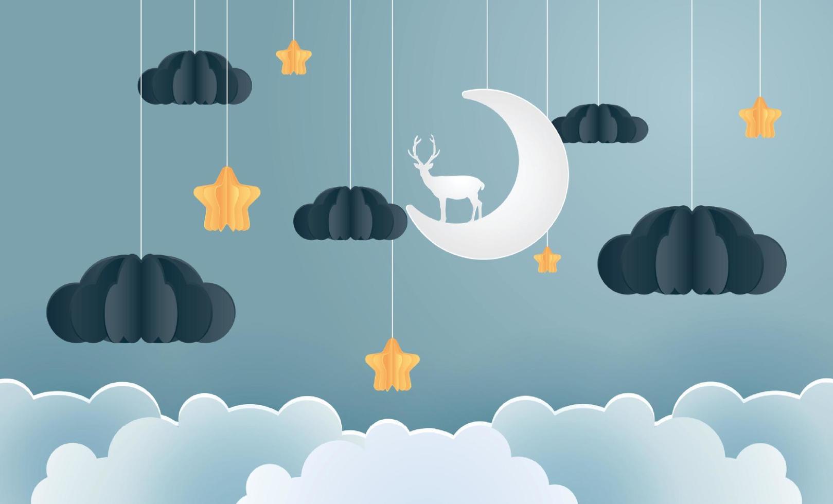 family in the moon and star with the night, vector paper art and craft style illustration.