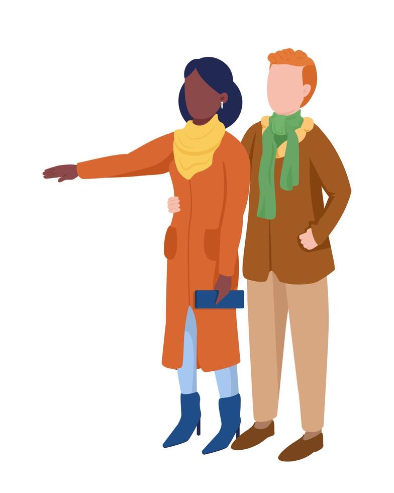  pareja en abrigos eligiendo caracteres vectoriales de color semi plano. figuras de pie. personas de cuerpo