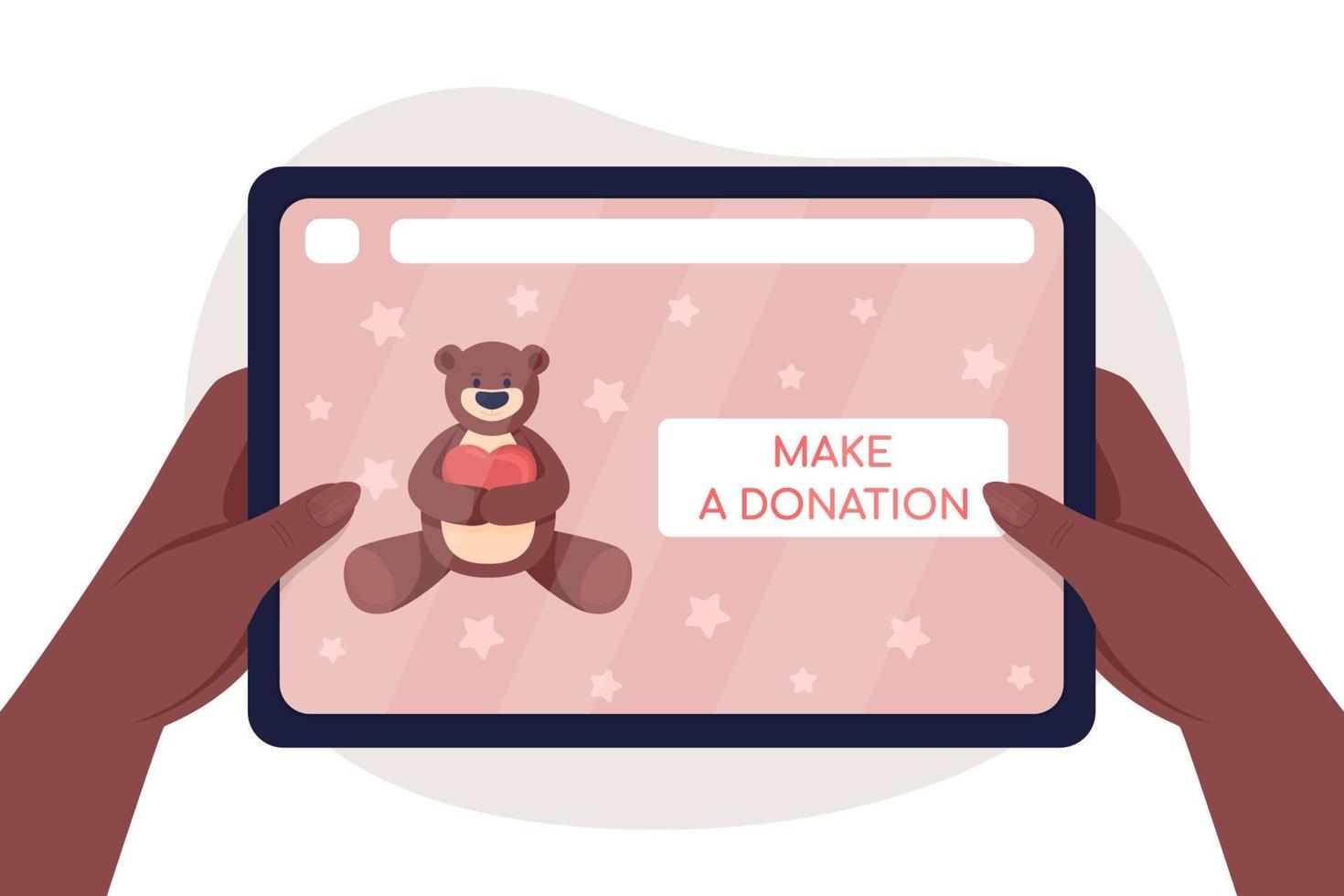 Donate online 2D vector isolated illustration. Contributing to childcare foundation website. Social help. Flat first view hands with tablet on cartoon background. Charity work colourful scene