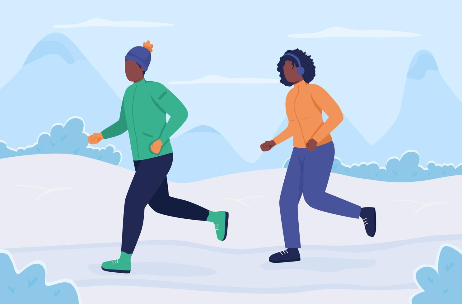 corriendo durante la ilustración de vector de color plano de invierno. personas que entrenan juntas durante el clima frío. Par ejercer juntos personajes de dibujos animados en 2d con paisaje invernal en el fondo