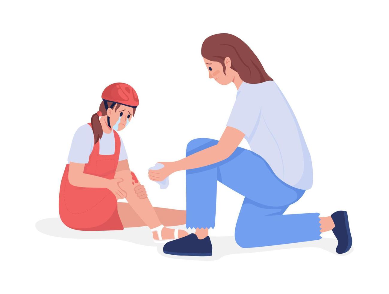 Mom treats kid injury semi flat color vector character. Sitting figure. Full body people on white. First aid isolated modern cartoon style illustration for graphic design and animation