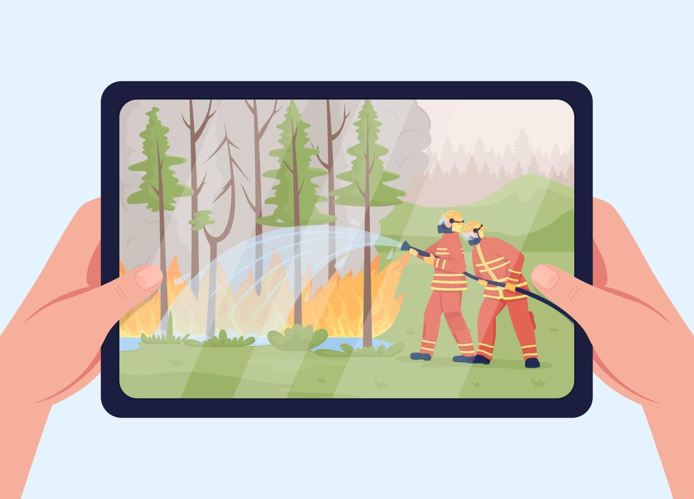 extinción de incendios forestales en la ilustración de vector de color plano de tableta. Bomberos en situación de emergencia en el bosque. mirando la pantalla del gadget de dibujos animados en 2d primera vista de la mano con desastres naturales en el fondo