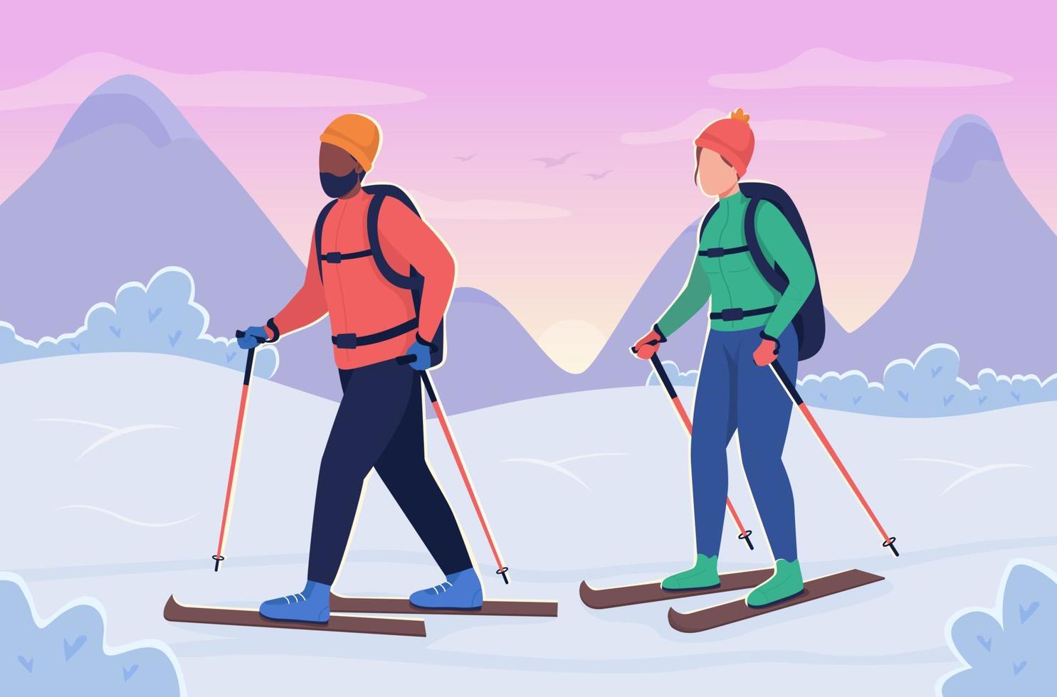 Couple skiing flat color vector illustration. Active recreation during cold weather. Man and woman training together in winter 2D cartoon characters with wintertime sunset on background
