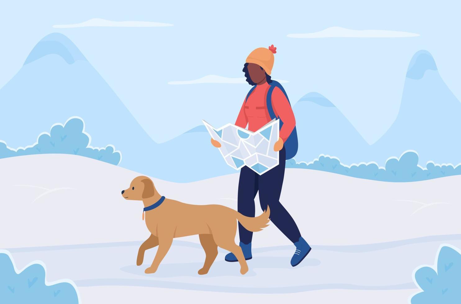 Hiking route in winter flat color vector illustration. Girl on active recreation with animal. Man with map walking with dog 2D cartoon characters with wintertime mountain hill on background