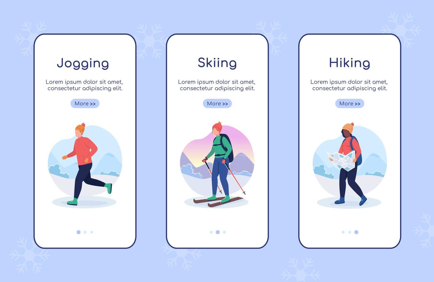 How to stay active in winter onboarding mobile app screen flat vector template. Walkthrough website 3 steps with characters. Creative UX, UI, GUI smartphone cartoon interface, case prints set