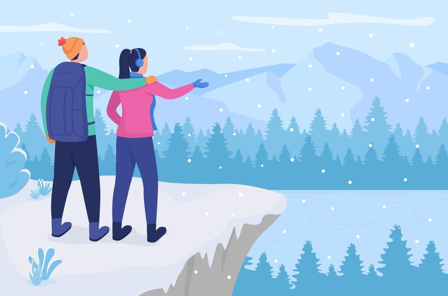 Enjoying winter mountain view flat color vector illustration. Boyfriend, girlfriend on hiking trip. Couple standing together at hill peak 2D cartoon characters with wintertime hillslides on background