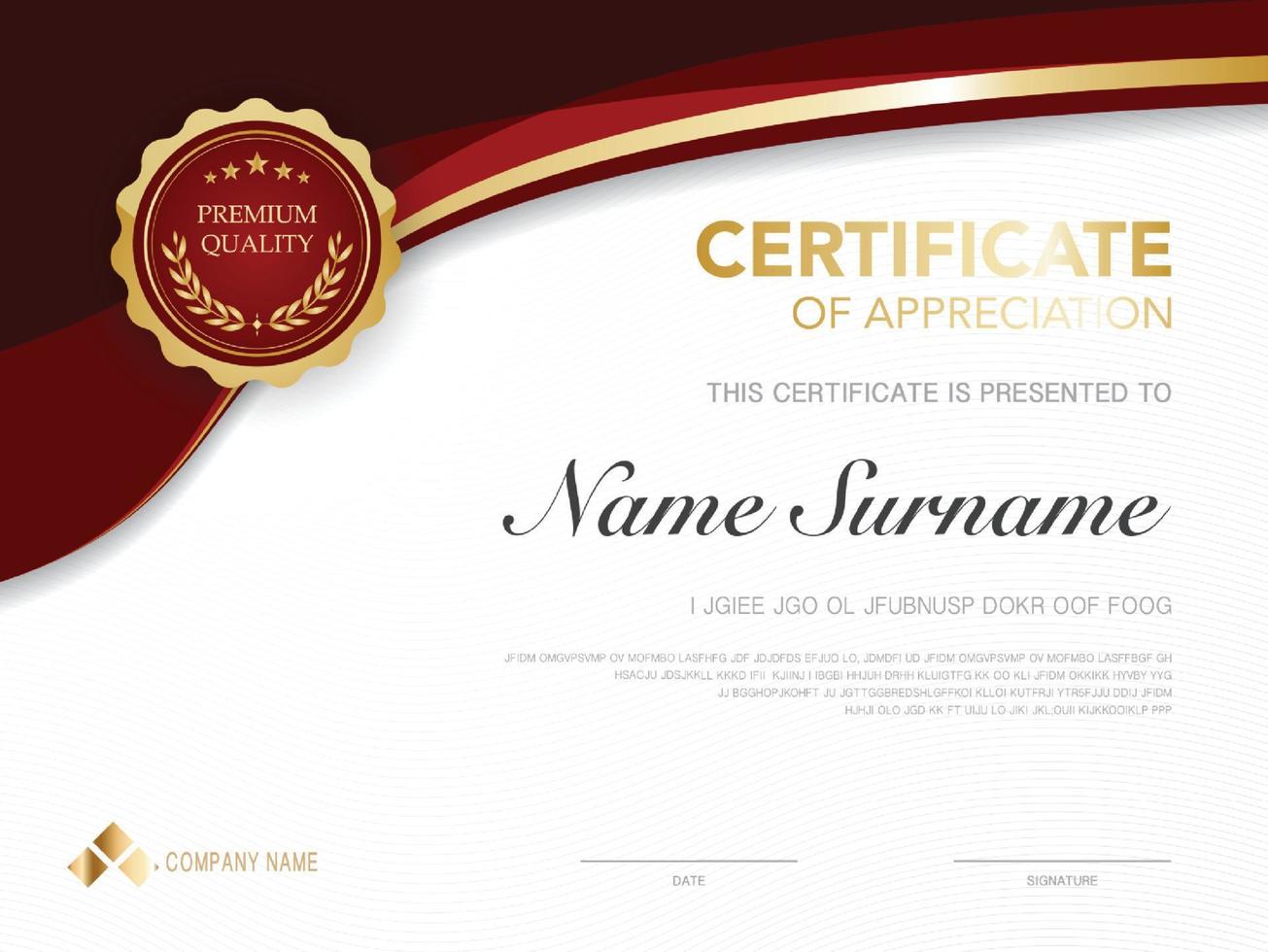 Plantilla de certificado de diploma de color rojo y dorado con imagen vectorial de lujo y estilo moderno. vector