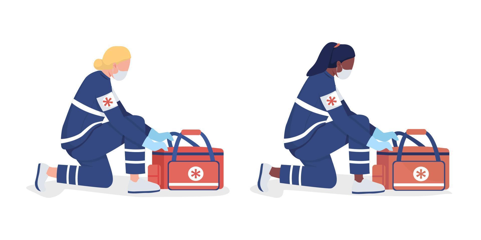 Emergency department personnel semi flat color vector characters set. Full body people on white. Packaging survival kit isolated modern cartoon style illustrations for graphic design and animation