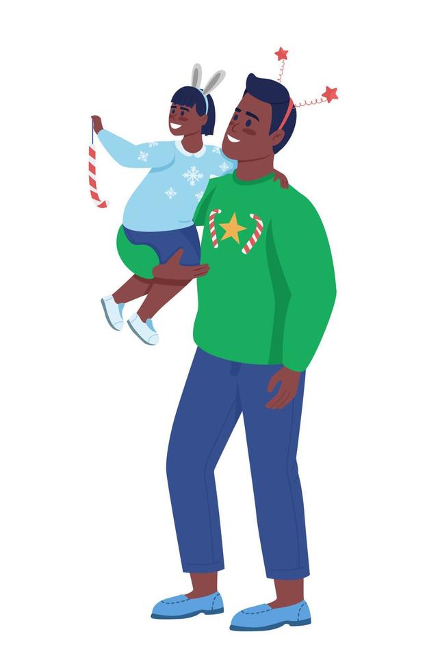 Father with son decorate semi flat color vector characters. Posing figures. Full body people on white. Christmas isolated modern cartoon style illustration for graphic design and animation