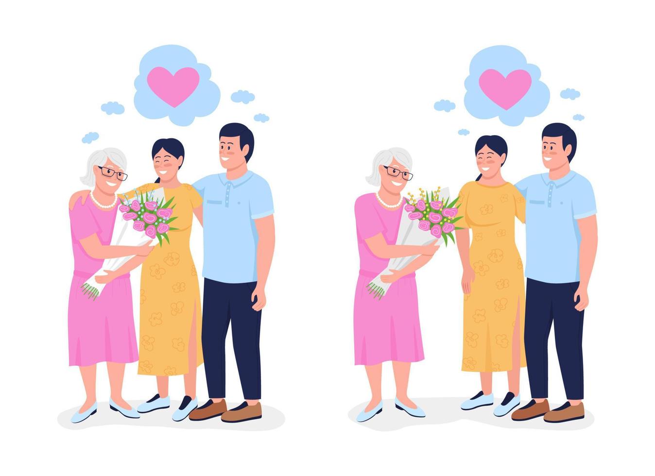 Hermanos Que Expresan Gratitud A Mama Conjunto De Caracteres Vectoriales De Color Semi Plano Feliz Celebracion