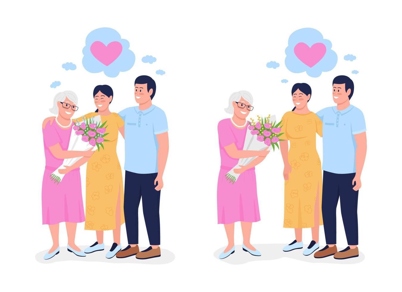 hermanos que expresan gratitud a mamá conjunto de caracteres vectoriales de color semi plano. feliz celebración del día de la madre colección de ilustraciones de estilo de dibujos animados moderno aislado para diseño gráfico y animación vector