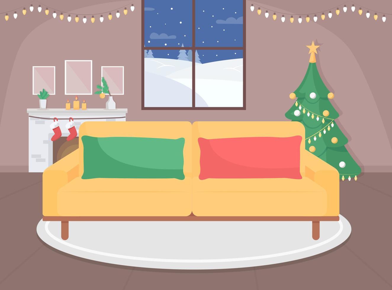 Ilustración de vector de color plano de sala de estar festiva. sofá en casa con adornos navideños festivos. víspera de año nuevo en el hogar. interior festivo de dibujos animados en 2d con ventana en el fondo