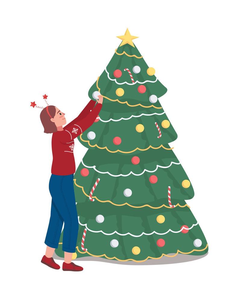 niña decorando árbol de navidad carácter vectorial de color semi plano. posando figura. persona de cuerpo entero en blanco. Ilustración de estilo de dibujos animados moderno aislado temporada de invierno para diseño gráfico y animación vector