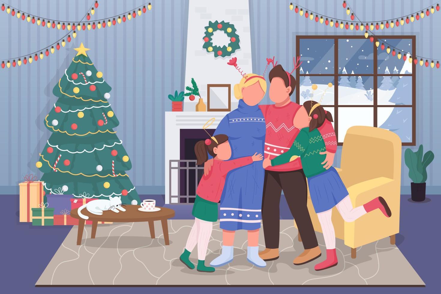 Christmas with family flat color vector illustration. New Year celebration at home with relatives. Festive holiday. Parents hugging children 2D cartoon characters with interior on background