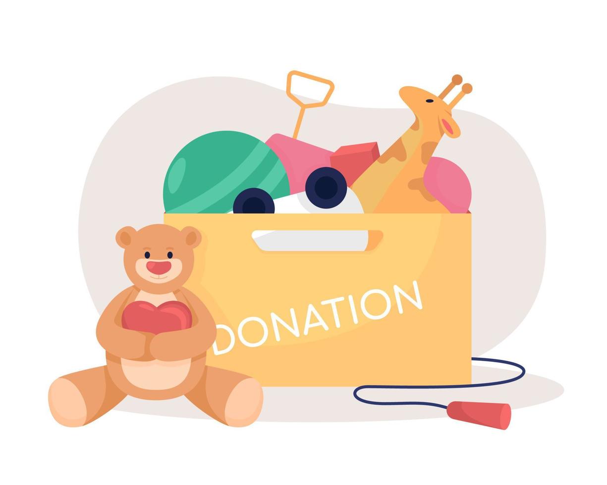 Toys donation box 2D vector isolated illustration. Support orphanage by giving away dolls. Humanitarian aid flat composition on cartoon background. Charity contribution colourful scene