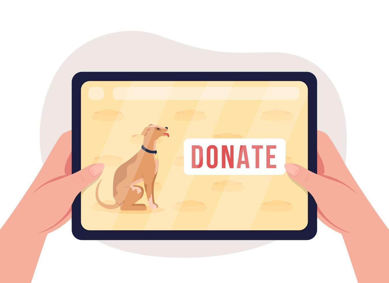 Online donation to pet shelters 2D vector isolated illustration. Send help through internet to animal care. Flat first view hands with tablet on cartoon background. Charity work colourful scene