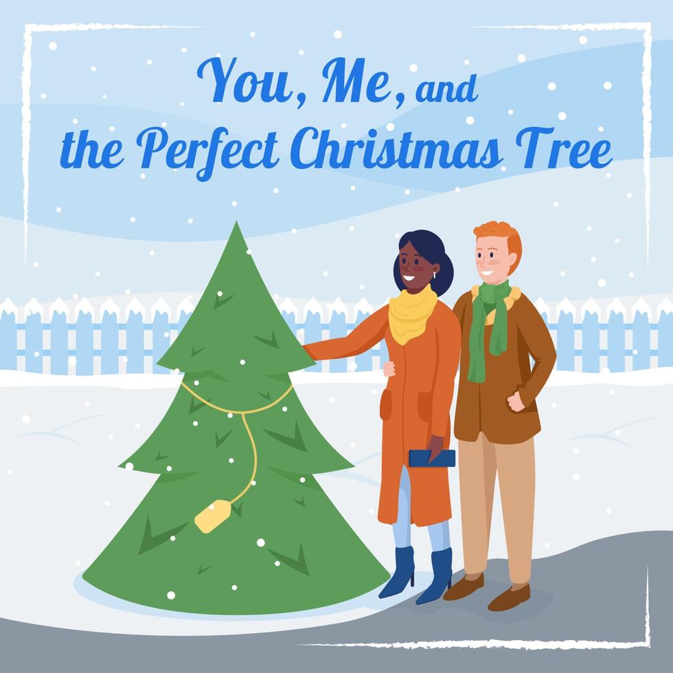 Winter holiday social media post mockup. You, me and perfect Christmas tree phrase. Web banner design template. Booster, content layout with inscription. Poster, print ads and flat illustration vector