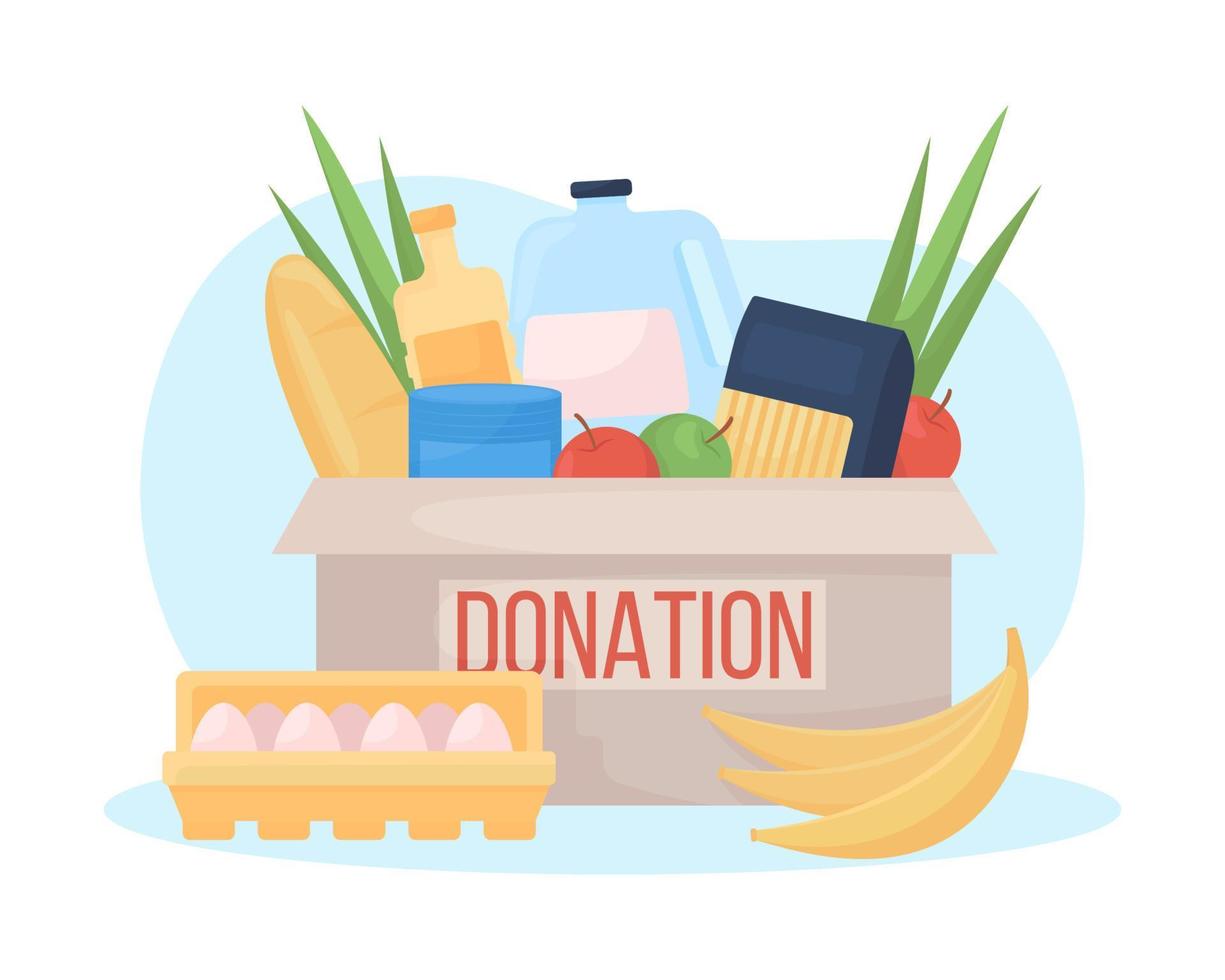 Food donation box 2D vector isolated illustration. Grocery products to give away to non profit. Humanitarian aid flat composition on cartoon background. Charity contribution colourful scene