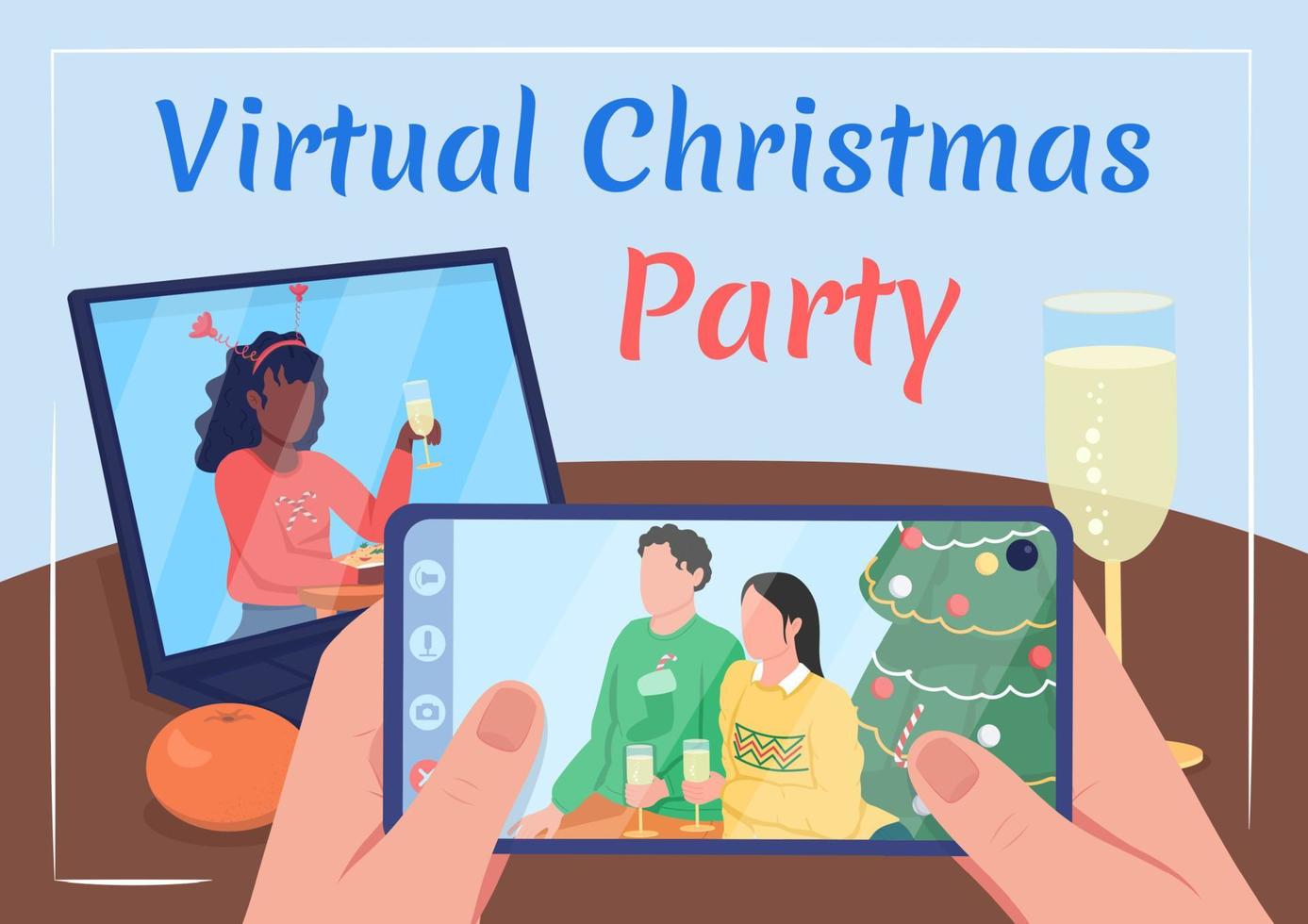 Virtual Christmas party poster flat vector template. Festive holiday. Brochure, booklet one page concept design with cartoon characters. New Year celebration flyer, leaflet with copy space