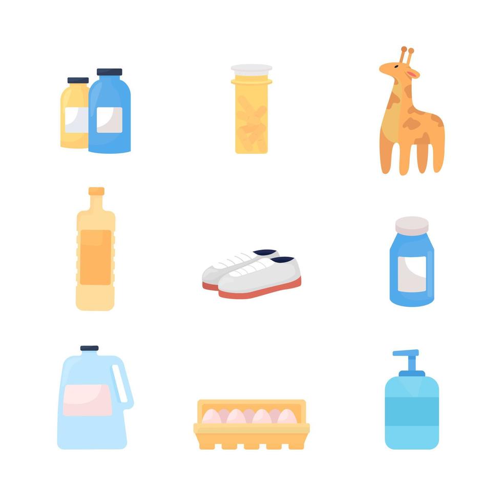 Supplies for humanitarian aid semi flat color vector item set. Product to donate to charity. Full realistic object on white. Isolated modern cartoon style illustration for graphic design and animation