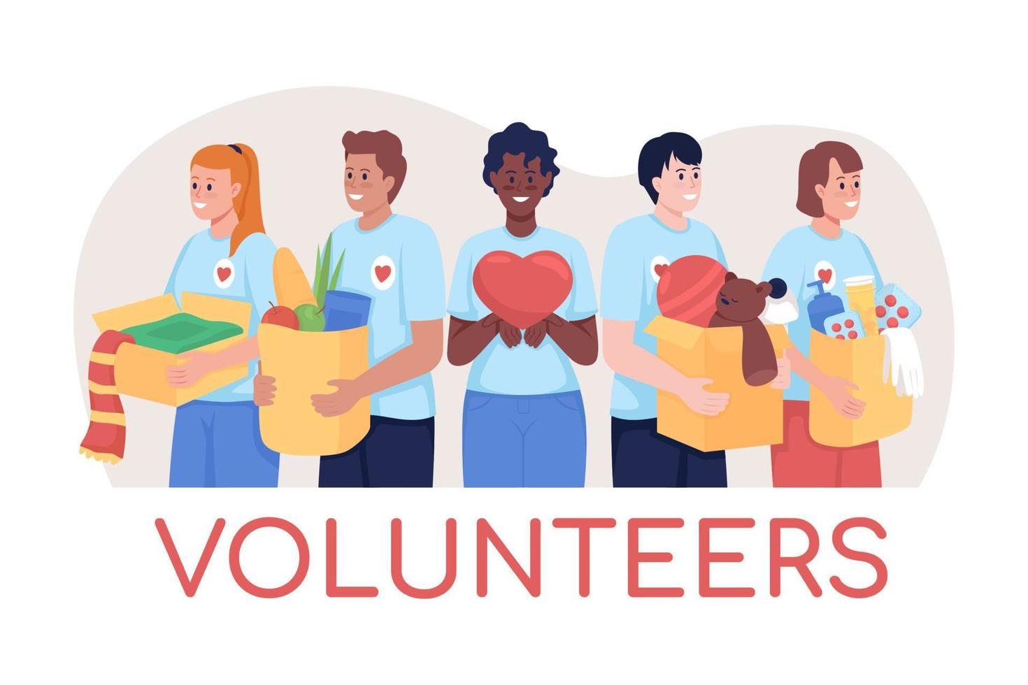 Volunteers 2D vector isolated illustration. Contributing to humanitarian aid. Smiling man and woman. Social service worker flat characters on cartoon background. Charity work colourful scene