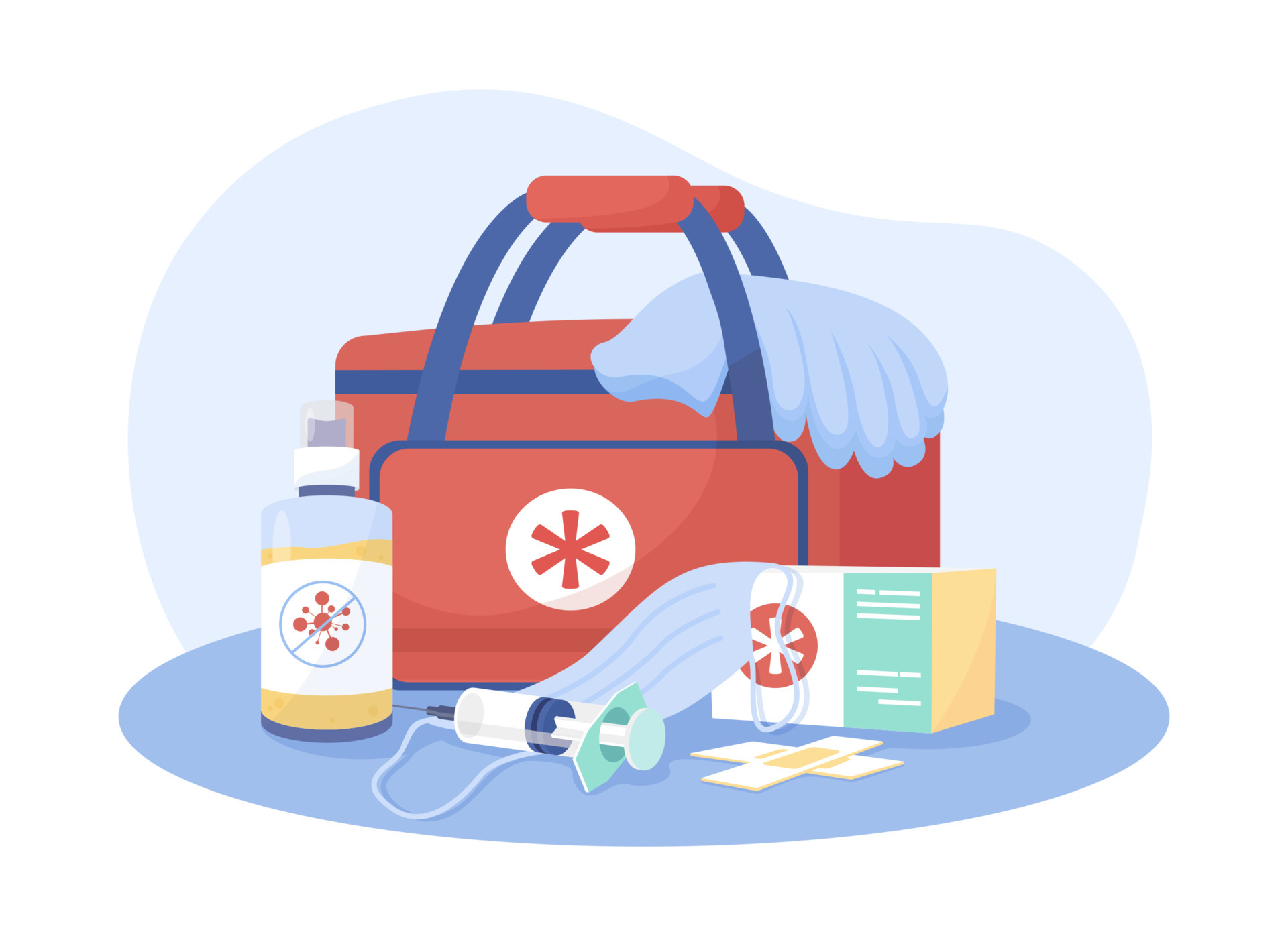 First aid kit 2D vector isolated illustration. Paramedic bag